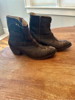 Anthropologie Farylrobin Lammi Brown Leather Ankle Booties with Buckle Detail